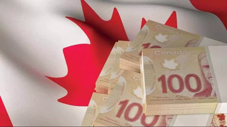 Canadian dollar banknote bundles on textile textured Canada flag. 3d rendered illustration.