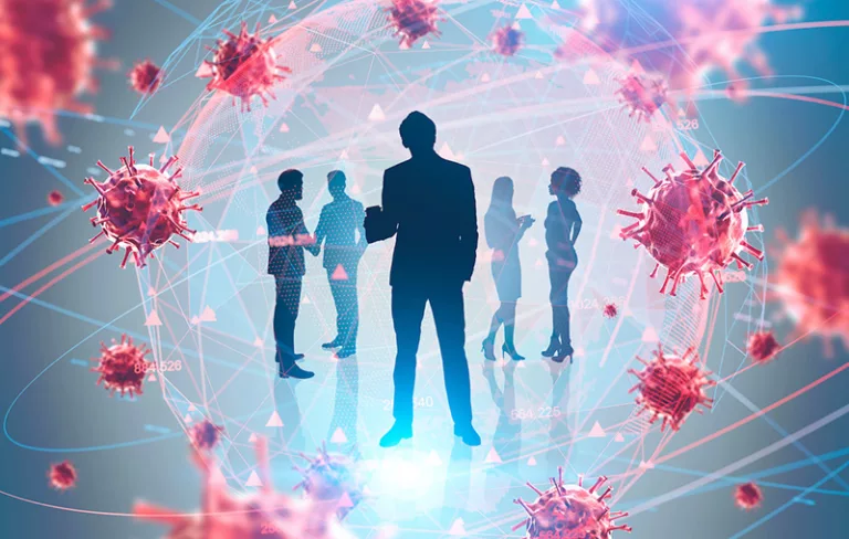 People silhouettes over grey background with double exposure of planet hologram and blurry viruses. Concept of Asian flu coronavirus cure search and collaboration. Toned image